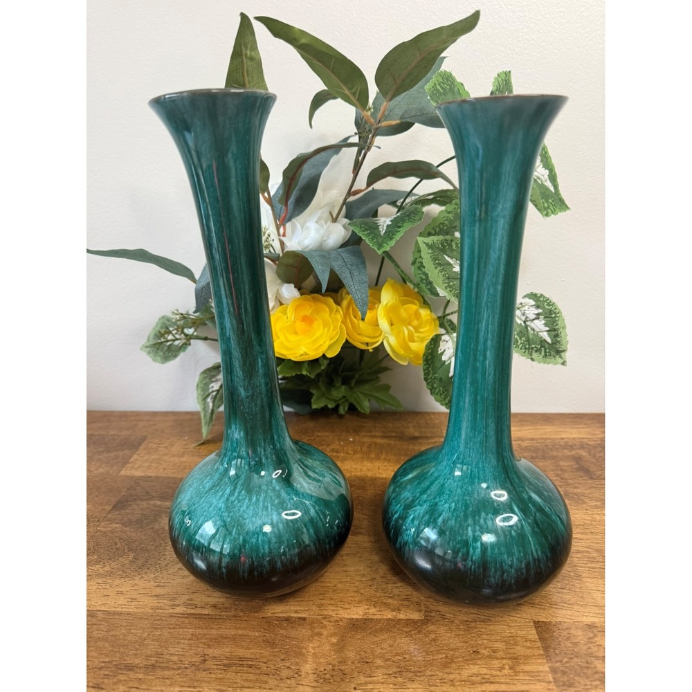 Vintage Blue Mountain Pottery Trumpet Vases Pair Canadian Green Drip Glaze